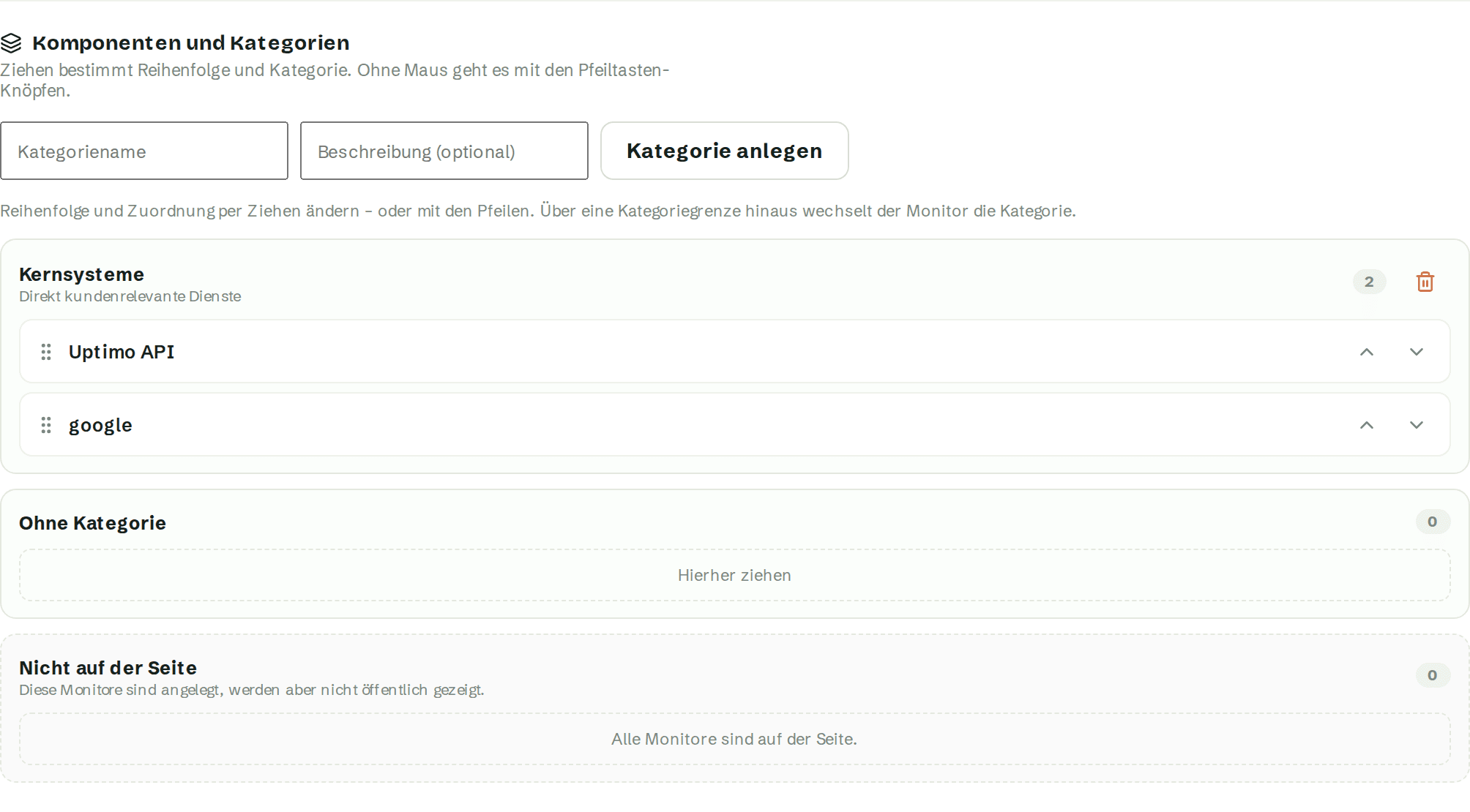 Der Editor dahinter: Komponenten und Kategorien per Drag-and-Drop, auch per Tastatur bedienbar.